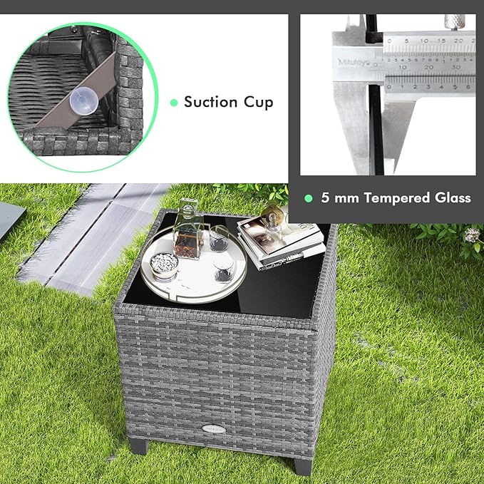 Tangkula 3 Pieces Patio Furniture Set, Outdoor PE Rattan Conversation Chair Set with Tempered Glass Side Table and Removable Cushions, PE Wicker Chairs and Table Set for Porch, Balcony and Garden