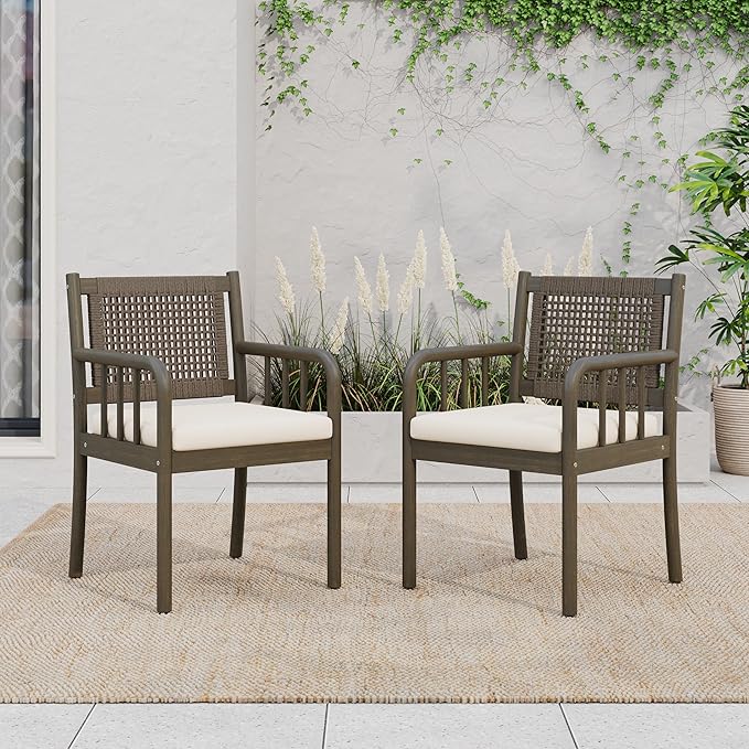 Christopher Knight Home Vera Outdoor Acacia Wood Dining Chairs, Rattan Woven Back Armchair, Armchair with Cushion Seat, Dining Chairs Set of 2, Patio Chair for Poolside Garden Balcony, Gray+Cream