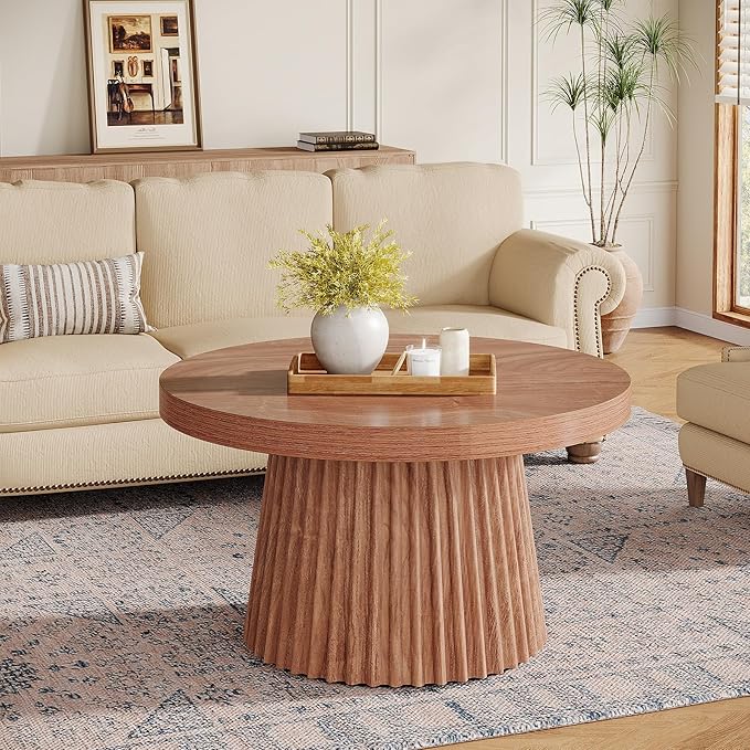 Tribesigns Coffee Table, 31.5" Small Farmhouse Round Coffee Tables with Fluted Drum Base, Mid Century Modern Farmhouse Accent Center Table for Living Room, Apartment, Small Space, Walnut