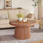 Tribesigns Coffee Table, 31.5" Small Farmhouse Round Coffee Tables with Fluted Drum Base, Mid Century Modern Farmhouse Accent Center Table for Living Room, Apartment, Small Space, Walnut