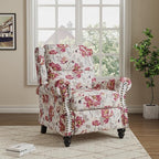Pushback Recliner Chair, Upholstered Armchair Wingback Recliner Chair, Floral Fabric Push Back Recliner with Wood Legs, Rivet Trim Single Sofa Accent Chair for Living Room, Bedroom, Pattern White
