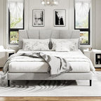 King Size Platform Bed Frame with Upholstered Headboard, Wooden Slats Support, Noise Free, No Box Spring Needed, Easy Assembly, Light Grey, Linen