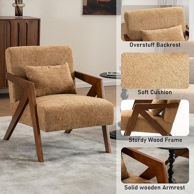 Mid Century Modern Accent Chair with Solid Wood Frame，Upholstered Chenille Living Room Arm Chairs with Pillow for Bedroom, Living Room, Reading Room, Balcony (1, Yellow)