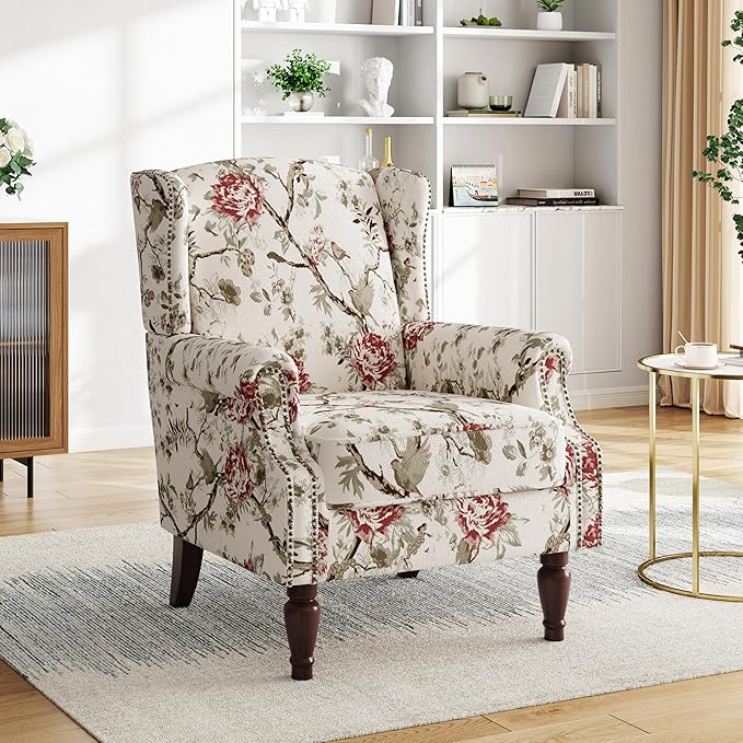 Pia Ricco Set of 2 Floral Accent Chairs, High Back Upholstered Armchairs with Retro Wingback Design, Nailhead Trim & Solid Wood Legs for Living Room Bedroom(Flower Beige)