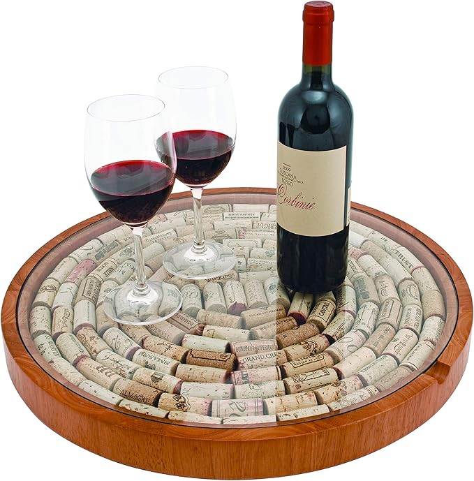 True Wine Cork Collector Lazy Susan Turntable, Wooden and Glass Storage for 130 Corks, Tabletop or Countertop Organization, Set of 1