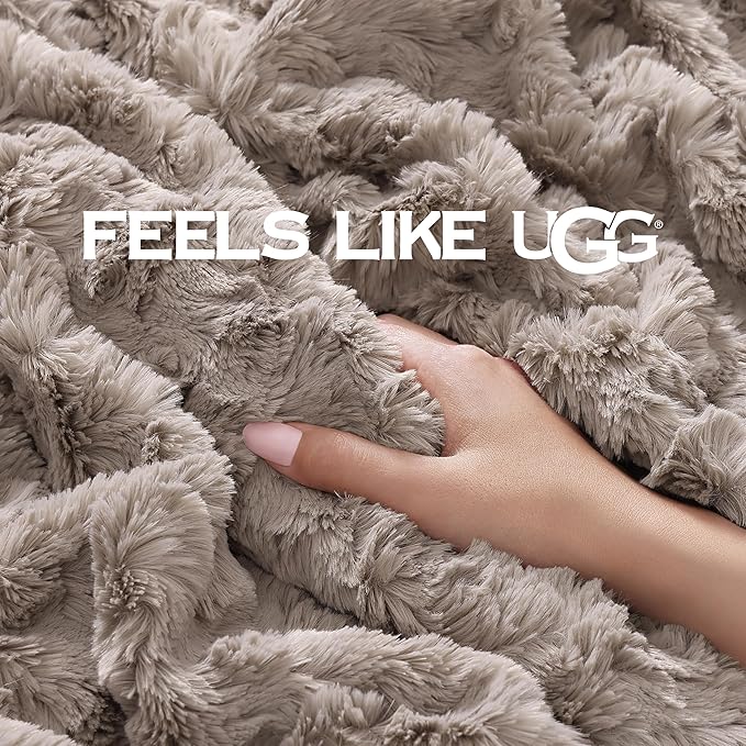 UGG Faux Fur Full/Queen Size Blanket, Double-Sided Warm Cozy Blanket, Extra Large Throw for Sofa, Washable Bedding for Full or Queen Size Bed, Cute Room Decor, 90" x 90", Oyster Brown (Adalee)
