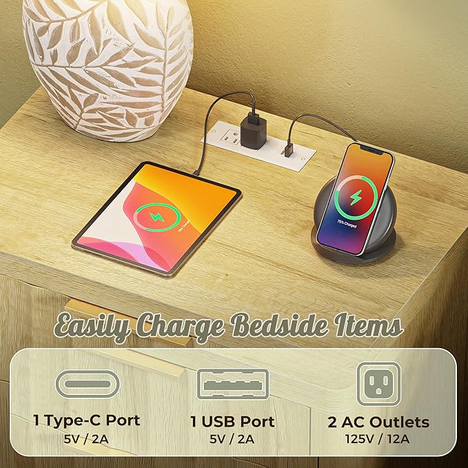 Huuger 27.6 Inch Tall Night Stand with Charger Station, USB-C Port, Fluted Nightstand with 2 Deep Drawers, Larger Wider Bed Side Table with Open Shelf, Bedroom Living Room End Table, Natural Wood