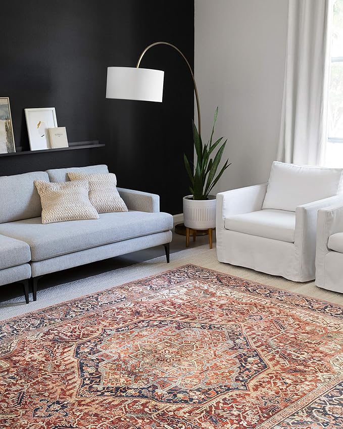 Loloi Layla Collection LAY-08 Red/Navy 3'-6" x 5'-6" .13" Thick Accent Rug, Soft, Durable, Vintage Inspired, Distressed, Low Pile, Non-Shedding, Easy Clean, Printed, Living Room Rug