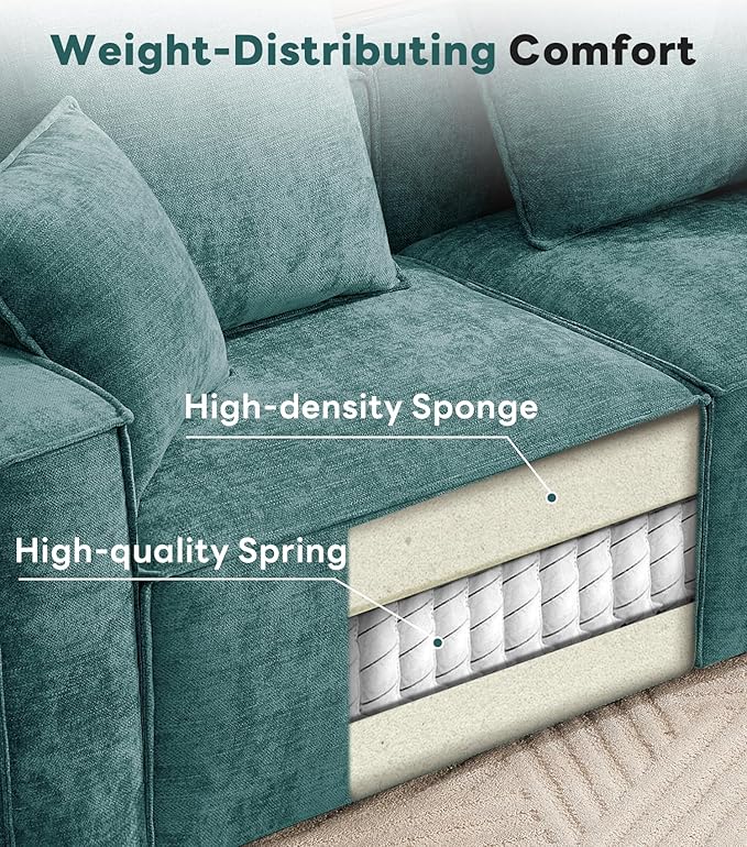 WILLOVE 109'' Modular Sectional Sofa, Chenille Cloud Couch with Wide Armrests & 5 Pillows, Deep Seat Couches for Living Room, Green