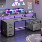 SEDETA Home Office Desk with File Drawer & Power Outlet, 66'' Computer Desk with 5 Drawer, Storage Shelves, Printer Cabinet and Monitor Shelf, Gaming Desk with Led Lights, Grey
