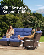 HILLGA Luxury Patio Furniture Set with 6-Inch Thick Cushions, High Back Outdoor Swivel Rocker Chairs and Patio Loveseat, 5-Piece All Weather Conversation Set for Porch Deck Pool Yard, Blue (V3)