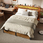 Forestell Queen Bed Frame with Wood Headboard, Metal Platform Bed with 2 Storage Drawers & Shelf, Built-in Charging Station & LED Lights, No Box Spring Needed, Vintage Brown, Cama Queen Size