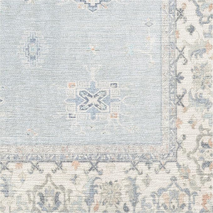RUGGABLE Washable Vintage Area Rug – Verena Soft Blue 6 ft Round, Stain-Resistant, Non-Slip – Medium Machine Washable Rugs for Living Room, Bedroom, Hallway, Entryway & Office–with Cushioned Pad