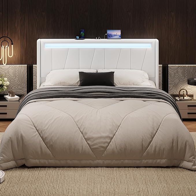 SHA CERLIN Queen Bed Frame with Charging Station and LED Lights, Modern Velvet Platform Bed with Upholstered Geometric Wingback Headboard, No Box Spring Needed, Easy Assembly, White