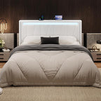 SHA CERLIN Queen Bed Frame with Charging Station and LED Lights, Modern Velvet Platform Bed with Upholstered Geometric Wingback Headboard, No Box Spring Needed, Easy Assembly, White
