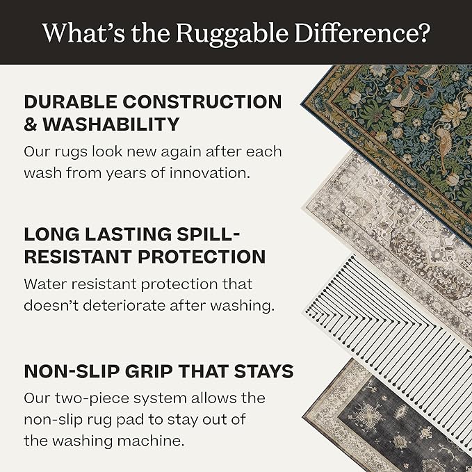 RUGGABLE Washable Vintage Area Rug – Kamran Blue Quartz 6x9, Stain-Resistant, Non-Slip – Medium Machine Washable Rugs for Living Room, Bedroom, Hallway, Entryway & Office–with Standard Pad