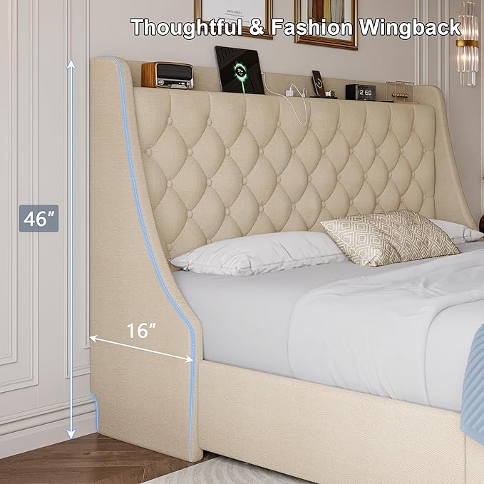 King Size Upholstered Platform Bed Frame with 4 Storage Drawers and Charging Station, Linen Button Tufted Wingback Headboard, Sturdy Wooden Support Slats, No Box Spring Needed, Beige