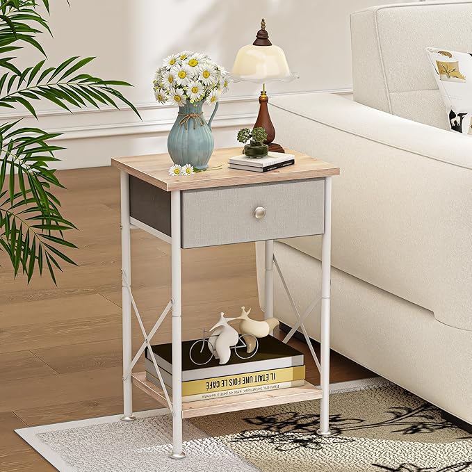VECELO End Tables, Modern Nightstand with Fabric Drawer & Open Shelf, Night Stand for Bedroom Living Room, Industrial Metal Frame, Easy Assembly, Light Brown,2 Pack