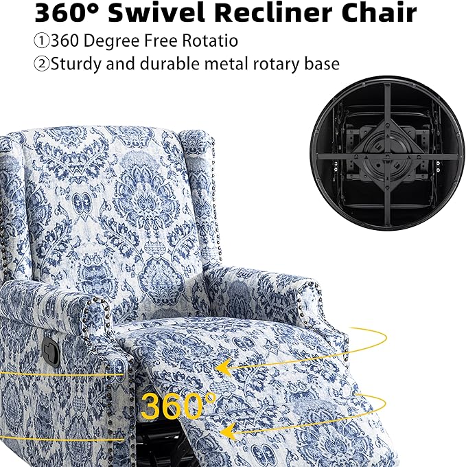 Premium 360° Swivel Recliner Chair with Footrest - Luxurious Cotton Linen & Botanical Design-Bule Pattern