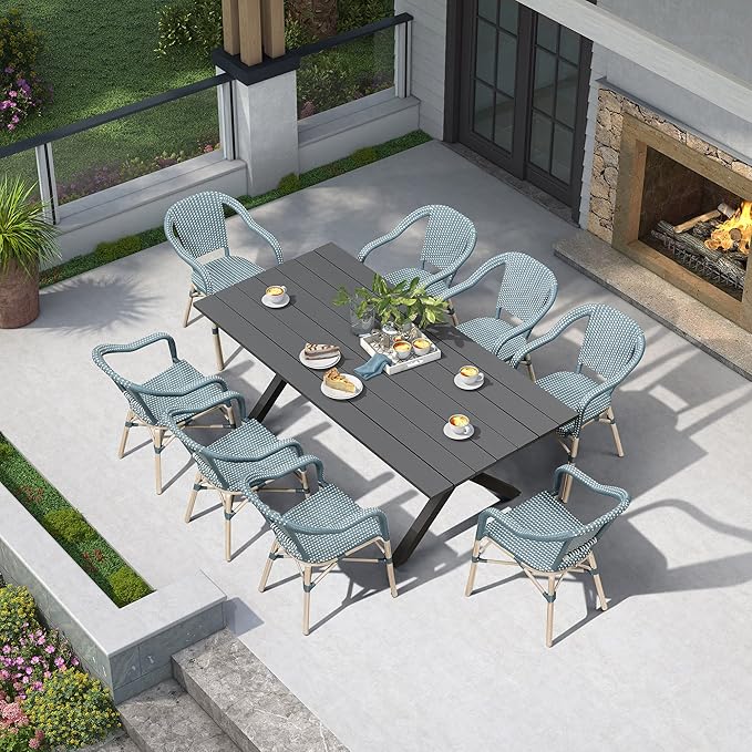 PURPLE LEAF 9 Pieces Outdoor Dining Set Patio Furniture Set with Aluminum Table and French Wicker Chairs for Garden Backyard Light Blue Patio Dining Set