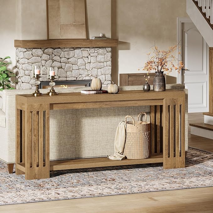 Tribesigns 70.9-Inch Extra Long Entryway Table, Farmhouse Sofa Console Table with Vertical Stripe Legs, 2-Tier Entry Furniture for Living Room, Hallway, Entrance (Light Brown)