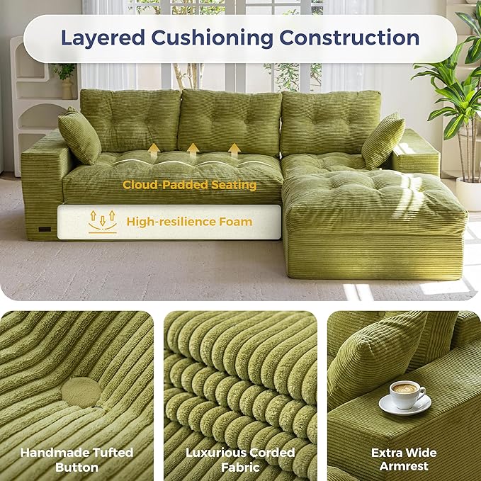 MAXYOYO 104" L Shaped Modular Sectional Sofa with Ottoman, Cloud Boneless Couch with Layered Cushion, Upholstered Sofa in a Box, Flexible Module Combination for Living Room, No Assembly, Green