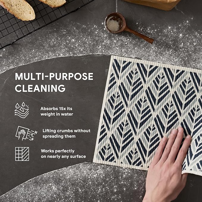 RECYCO Swedish Dishcloths for Kitchen | 4 Pack Oversized Washable Dish Rags | Large Cellulose Reusable Cleaning Paper Towels | Absorbent Counter Dish Cloth Sponge XL Kitchen Wipes, 12" L x 10" W
