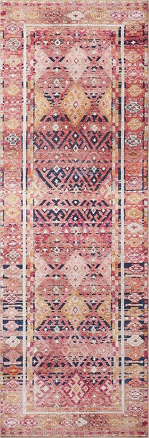 Loloi Layla Collection LAY-15 Magenta/Multi 2'-6" x 7'-6" .13" Thick Runner Rug, Soft, Durable, Vintage Inspired, Distressed, Low Pile, Non-Shedding, Easy Clean, Printed, Living Room Rug