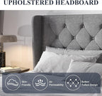 Allewie Full Size Bed Frame with Button Tufted Wingback Headboard, Modern Fabric Upholstered Platform Bed Frame with Strong Wood Slat Support, No Box Spring Needed, Easy Assembly, Light Grey