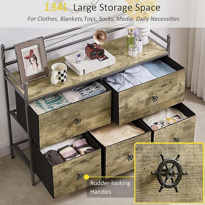 VECELO Dresser TV Stand for Bedroom with 5 Fabric Drawers, Entertainment Center for 32/40/43 in TVs, Media Console Table with Storage, Open Shelf, Adjustable Feet, Living Room Furniture, Rustic Gray