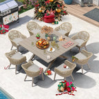 PURPLE LEAF 9 Pieces Patio Dining Set with Outdoor Aluminium Square Dining Table and Woven Rattan Chairs Modern Metal Furniture Cushions Sets for Garden Yard Indoor Decor Kitchen Champagne