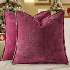 decorUhome Christmas Chenille Soft Throw Pillow Covers 20x20 Set of 2, Farmhouse Velvet Neutral Decorative Euro Pillow Covers with Stitched Edge for Couch Sofa Bed Home Decor, Rhododendron