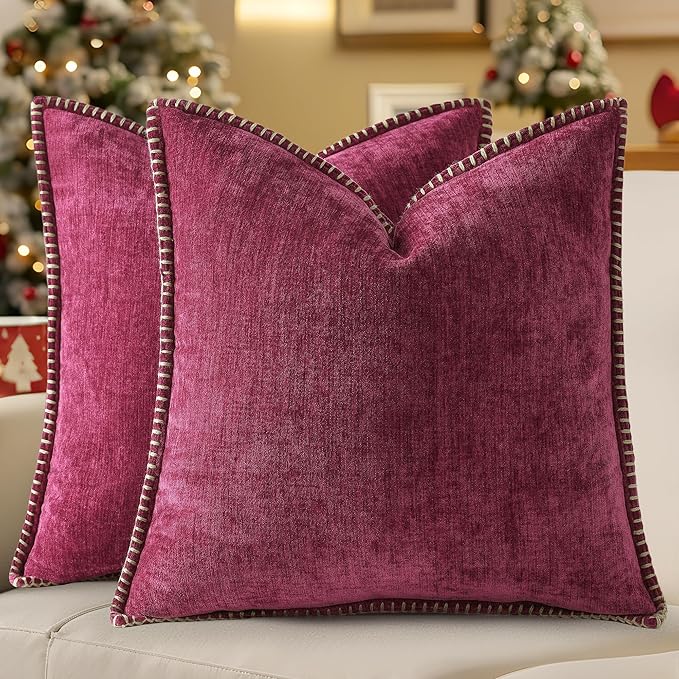 decorUhome Christmas Chenille Soft Throw Pillow Covers 20x20 Set of 2, Farmhouse Velvet Neutral Decorative Euro Pillow Covers with Stitched Edge for Couch Sofa Bed Home Decor, Rhododendron