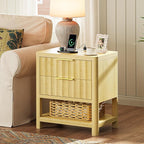 Huuger 27.6 Inch Tall Night Stand with Charger Station, USB-C Port, Fluted Nightstand with 2 Deep Drawers, Larger Wider Bed Side Table with Open Shelf, Bedroom Living Room End Table, Natural Wood