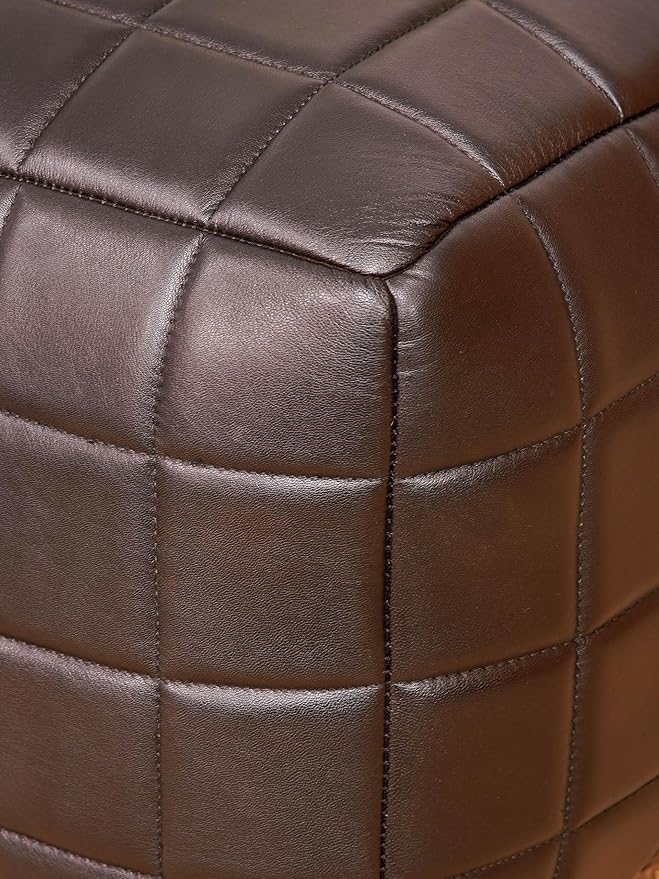 Handmade Eco-Friendly Geometric Leather Pouf Black Color Square 14" x 14" x 14" Goat Leather Pouf for Living Room, Bedroom Seating, Patio