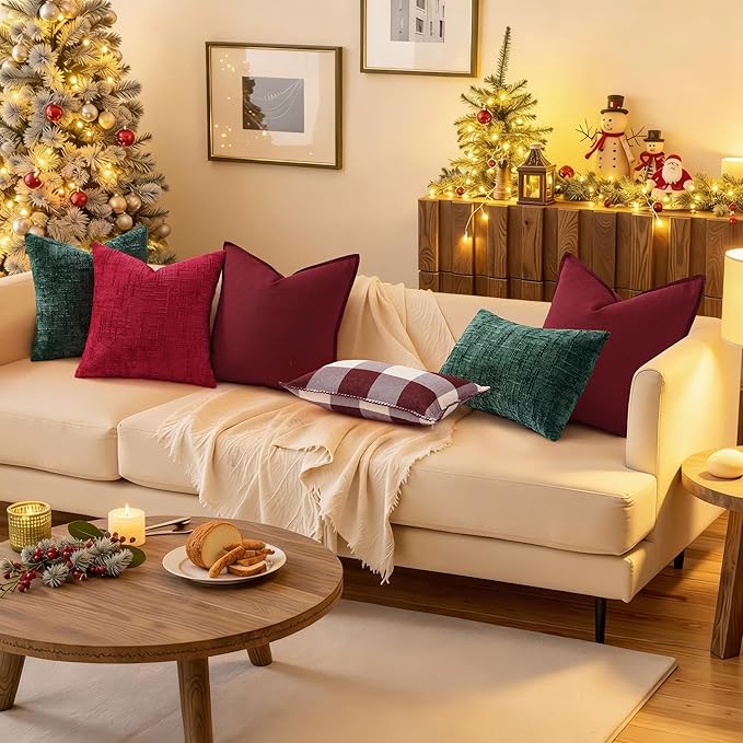 decorUhome Christmas Red Chenille Throw Pillow Covers 22x22 Set of 2 Thick Textured Slubby Couch Pillow Covers Farmhouse Accent Modern Neutral Decorative Pillow Cases for Bed Sofa Living Room