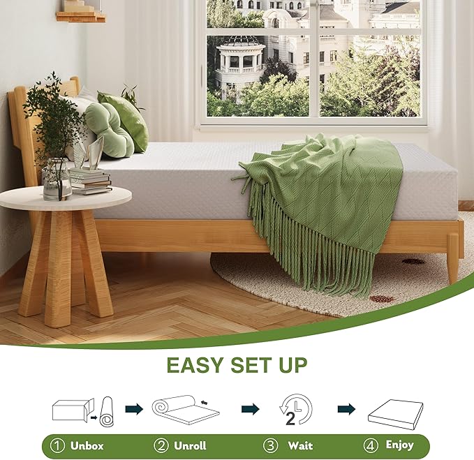 EGOHOME 8 Inch Queen Mattress, Memory Foam Mattress in a Box with Cooling Green Tea Gel, Relieve Pressure with Medium Firm Support, CertiPUR-US Certified, 80''L x 60''W, White