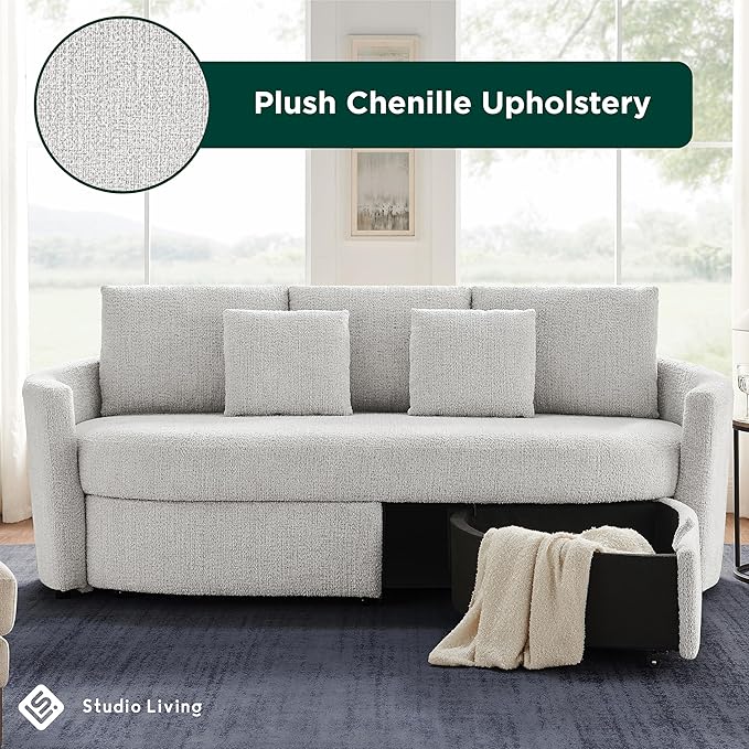 Studio Living® Beckett 92" Storage Sofa, Modern Farmhouse, Pocket Coil Comfort, Easy Assembly, Chenille Fabric, Ivory