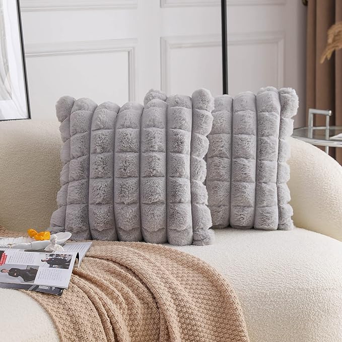 Neelvin Grey Faux Fur Cozy Soft Plaid Decorative Throw Pillow Covers 16x16 inch Set of 2,Velvet Pillowcase Cushion Case for Sofa Couch