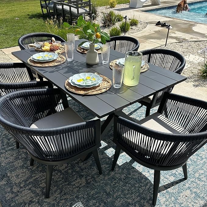 PURPLE LEAF Outdoor Dining Set for 12 All-Weather 14 Pieces Patio Aluminium Dining Large Table and Rope Weave Chairs Included Cushions for Backyard Deck Kitchen Modern Furniture Set Gray and Navy
