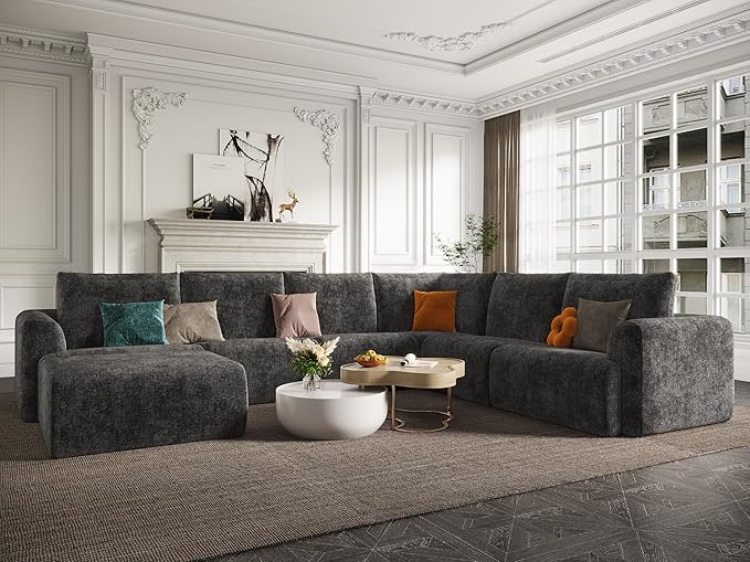 EASE MOOSE Sectional Cloud Couch Oversized for Living Room, 7-Seat Modular Boneless Sofa U-Shaped Sofa with Ottoman, No-Assembly Chenille Couch, Dark Grey