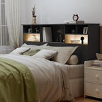 Queen/Full Headboard Only for Bedroom, Stylish Bookcase Headboard with Charging Station & 2 LED Lights, Engineered Wood Queen Size Headboard, Noise-Free HeadBoard with Storage, Black