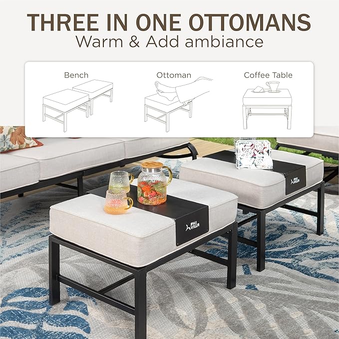 PHI VILLA 6 PCS Outdoor Patio Furniture Sets with 1x 3 Seater 72" Padded Deep Seating Bench, 2 x Cushioned Swivel Armrest Sofa Chairs, 2 x Ottoman and & 1 x Coffee Table for 5-7 Person