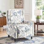 Recliner Chair, Upholstered Wingback Floral Pushback Armchair with Adjustable Backrest & Footrest, Comfy Accent Chair Reading Single Sofa for Small Spaces, Living Room, Bedroom (Plants Blue, Set of 1)