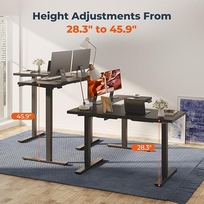 L-Shaped Standing Desk, 71 x 63 Inches Height Adjustable Desk with Storage, Sit and Stand up for Work Office Home, Ergonomic Rising Computer Table for Home Office with Splice Board, Black