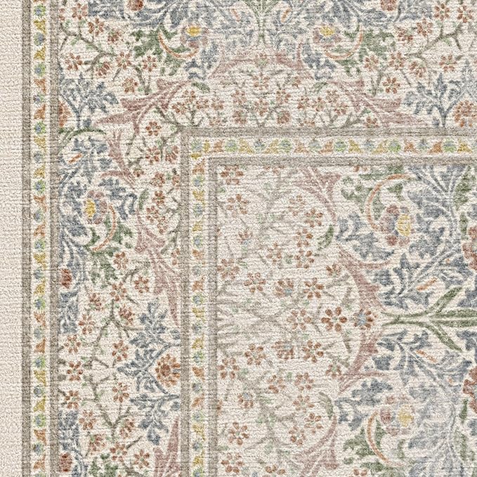 RUGGABLE x Morris & Co Washable Area Rug – Blackthorn Ivory Blue 3x5, Stain-Resistant, Non-Slip – Small Machine Washable Rugs for Living Room, Bedroom, Hallway, Entryway & Office–with Cushioned Pad