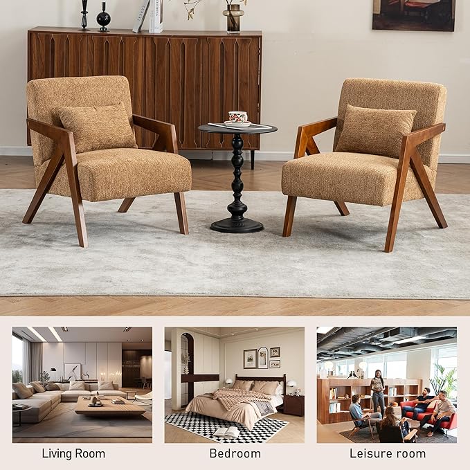 Mid Century Modern Accent Chair with Solid Wood Frame，Upholstered Chenille Living Room Arm Chairs with Pillow for Bedroom, Living Room, Reading Room, Balcony (1, Yellow)