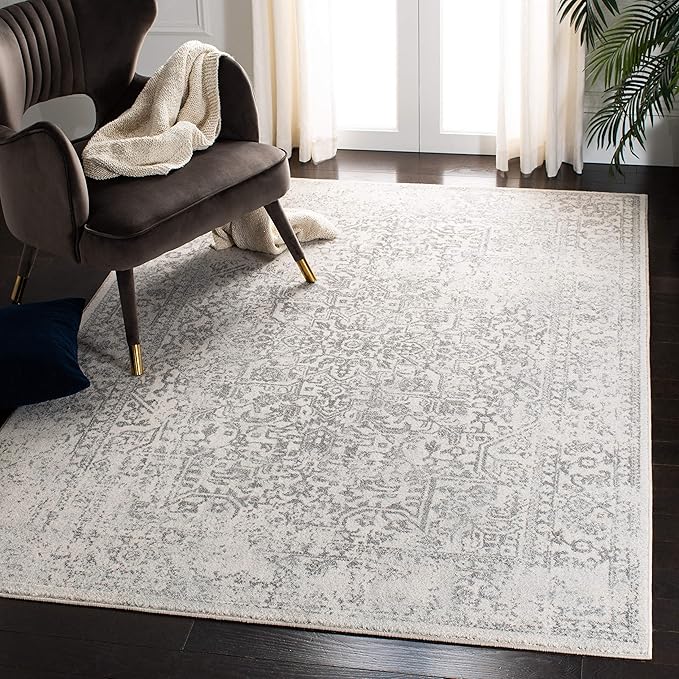 SAFAVIEH Evoke Collection Area Rug - 6'7" Square, Ivory & Grey, Distressed Design, Non-Shedding & Easy to Clean, Ideal for Living Room, Bedroom, Dining Space (EVK256F)