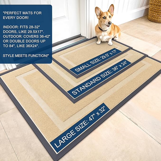 OLANLY Front Door Mat Indoor Outdoor Entrance, Waterproof All-Season, All-Weather Doormat, Sturdy Natural Rubber, Fade Resistant, Low Profile, Easy Clean Patio Porch Entryway Mat, 36x24, Beige