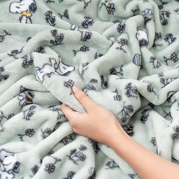 Berkshire Blanket Peanuts® VelvetLoft® Cute Character Snoopy Plush Throw Blanket,Peanuts Snoopy & Woodstock New Flower and Bees Sage,Throw 55 in x 70 in (Official Peanuts® Product)